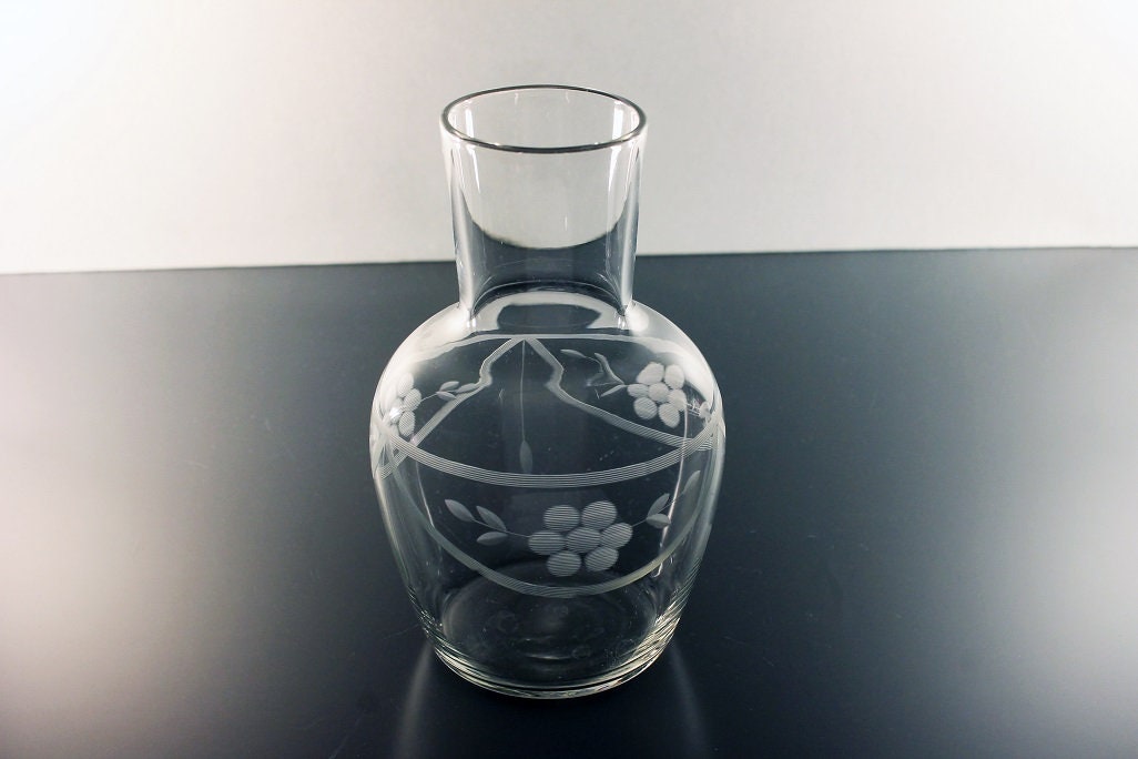 Etched Glass Carafe, Wheel Cut, Decanter, Daisy Pattern, Clear Glass