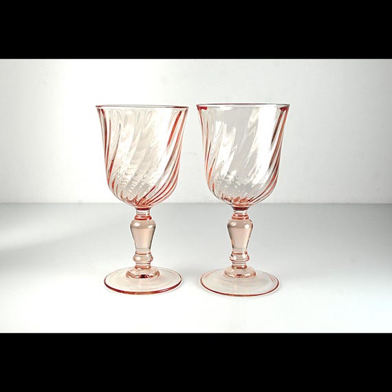 Vintage Cristal D'Arques Rosaline Pink Optic Swirl Wine Glasses, Set of 2, French Glassware