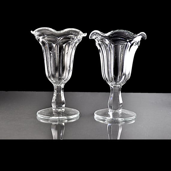 Colony Glass Footed Sundae Dishes – 6 Inch Clear Paneled Dessert Glass - Set of 2 - Excellent Condition