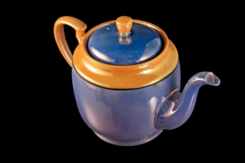 Blue Handpainted Lusterware Teapot, Iridescent, Made in Japan, Peach Trim, Black Line