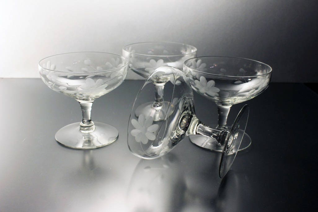 Etched Coupe Champagne Glasses, Wheel Cut Daisy Pattern, Sherbet