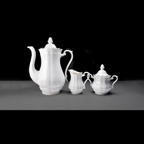Walbrzych China Coffee Pot, Sugar Bowl, and Creamer Set - Empire Pattern - Made in Poland - Elegant White with Gold Accents