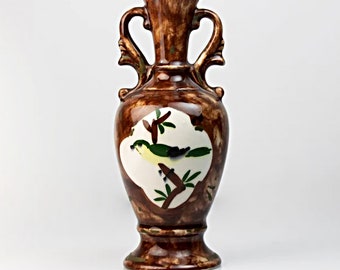 Miniature Brown Bud Vase, Hand Painted, Bird Design