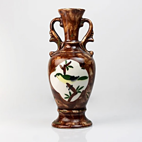 Miniature Brown Bud Vase, Hand Painted, Bird Design