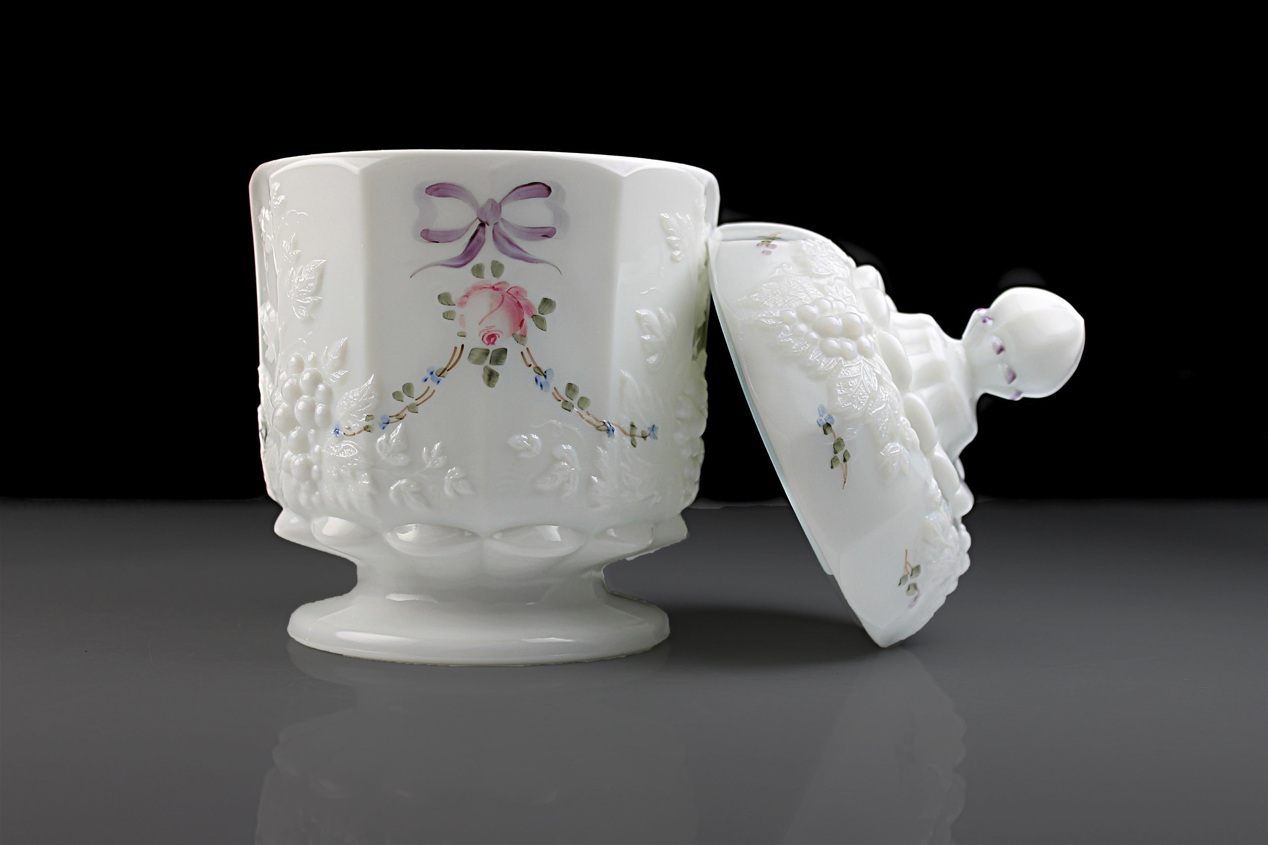 Westmoreland Candy Dish, Roses and Bows, Milk Glass, Embossed Grapevine, 7 Inch, Wedding Gift