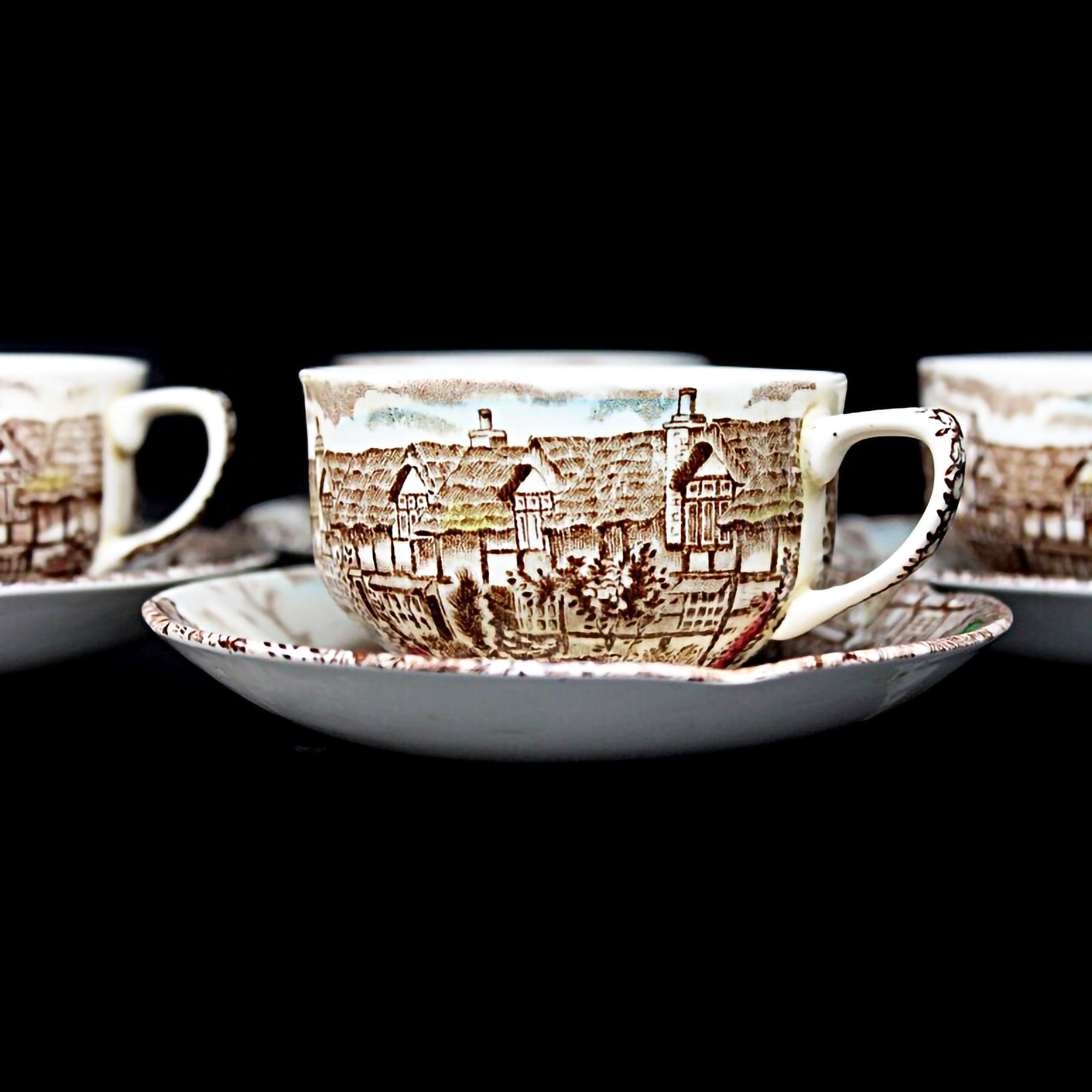 Johnson Bros Cups and Saucers Olde English Countryside Set of 4 Brown Transferware Country Scenes