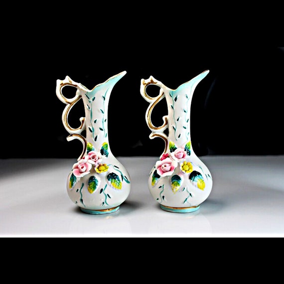 Raised Floral Pitchers, Interpur, Gold trimmed, Collectible, Footed Pitcher, Giftware, Set of 2, Bisque Porcelain
