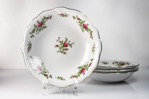 Soup Bowls, Johann Haviland, Moss Rose, Bavarian Backstamp, Floral Pattern, Set of Four, Fine China