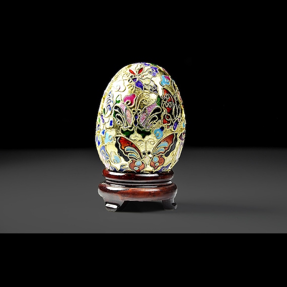 Cloisonné Egg with Butterflies and Flowers on Wood Stand – Chinese Enamel Art – Decorative Collectible Figurine