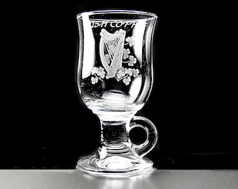 Eamon Glass Irish Coffee Mug – Etched Harp & Shamrocks, 8 oz, St. Patrick’s Day Gift
