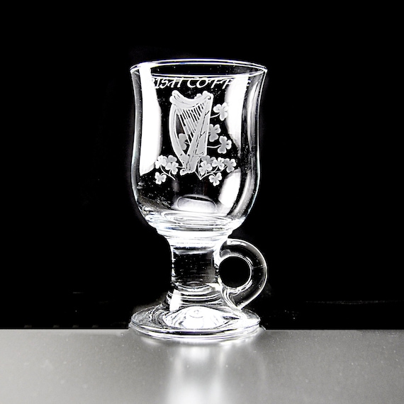 Eamon Glass Irish Coffee Mug – Etched Harp & Shamrocks, 8 oz, St. Patrick’s Day Gift