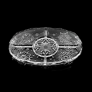 Mikasa Crystal Divided Platter, Snowflake Pattern, Holiday, Christmas Platter, Pressed Glass, Clear