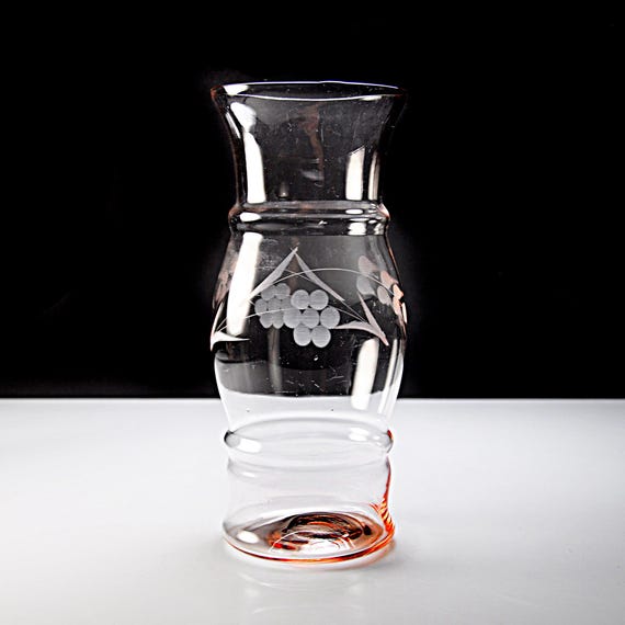 Pink Etched Glass Table Vase, Needle Etched Floral