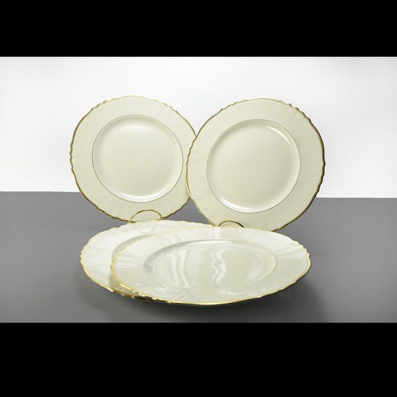Syracuse China Brantley Dinner Plates – Set of 4 - Old Ivory with Gold Trim – 8 Inch – Made in USA 1949–1967