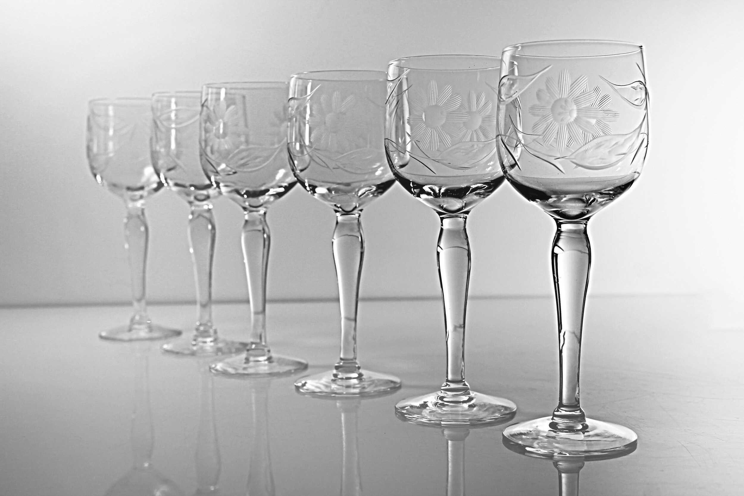 Etched Crystal Cordial Glasses, Gastonbury Lotus, Flower and Leaf Pattern, Set of 6, Stemware