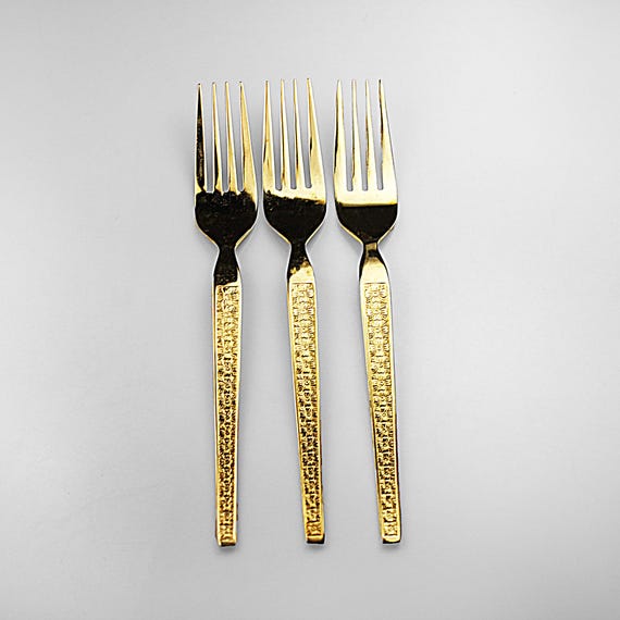 Gold Stainless Dinner Forks Set of 3 – Trocadero by HF Korea – Floral Handle – Boxed Mid-Century Flatware Gift