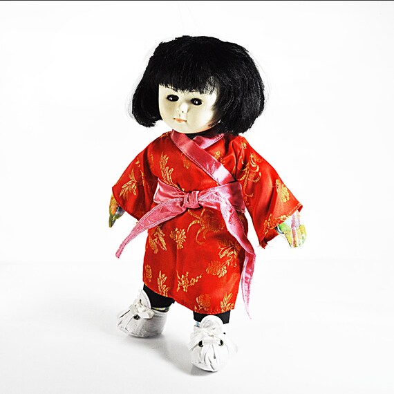 Soft-Bodied 13-Inch Doll in Red Kimono with Movable Eyes – Perfect for Play or Display