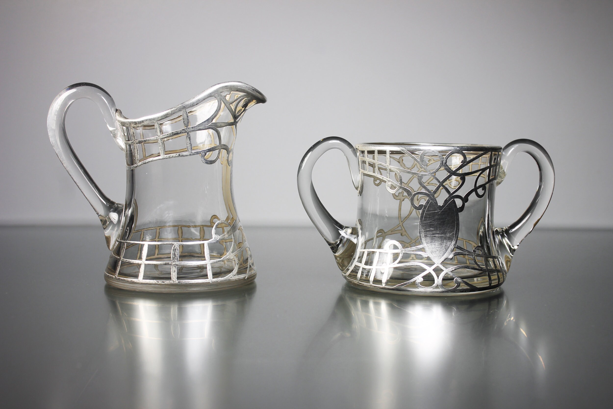 Antique Sugar and Creamer, Sterling Silver Overlay, Silver on Glass