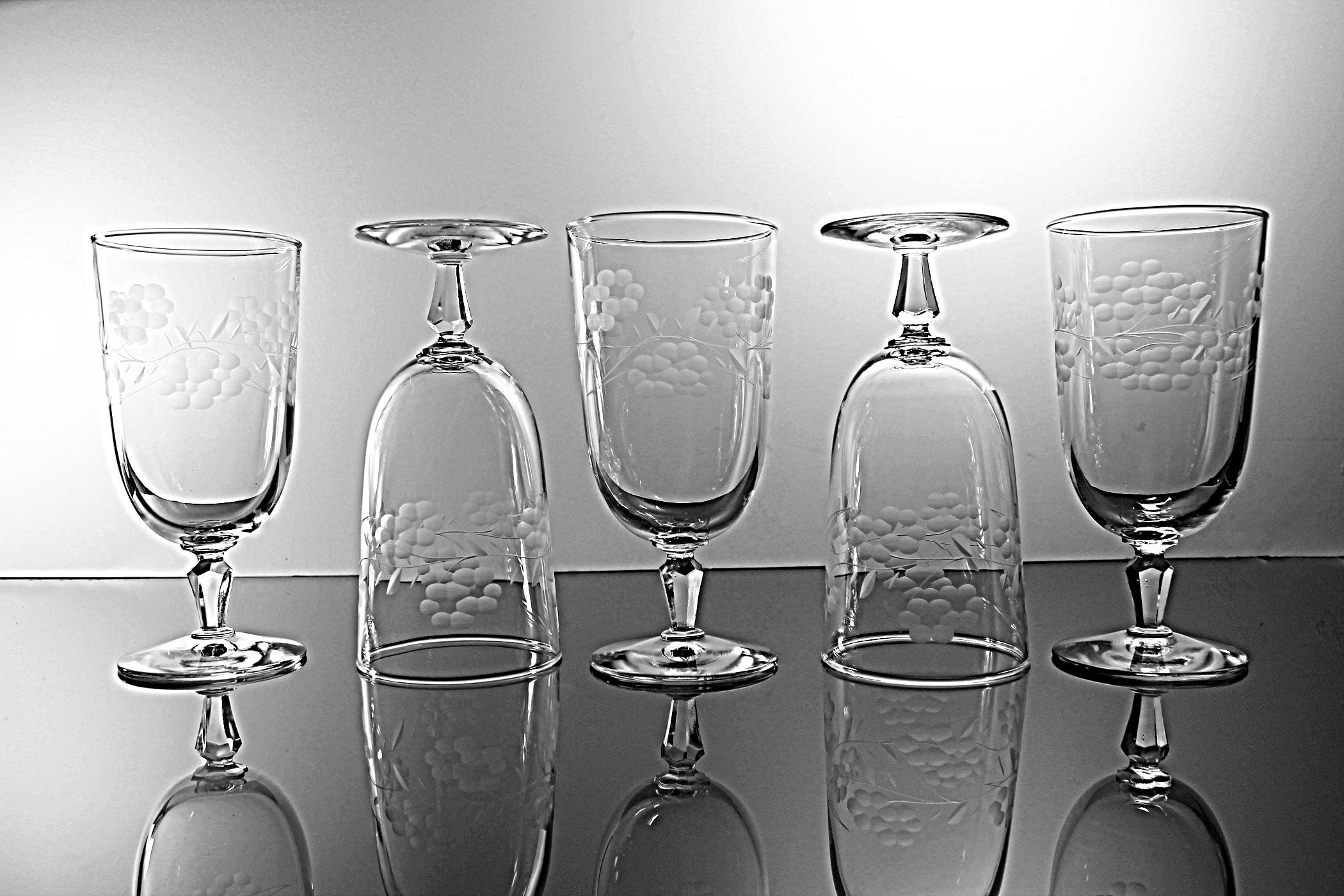 Libbey Etched Ice Tea Glasses, Glenmore, Grey Cut Floral Design, Set of
