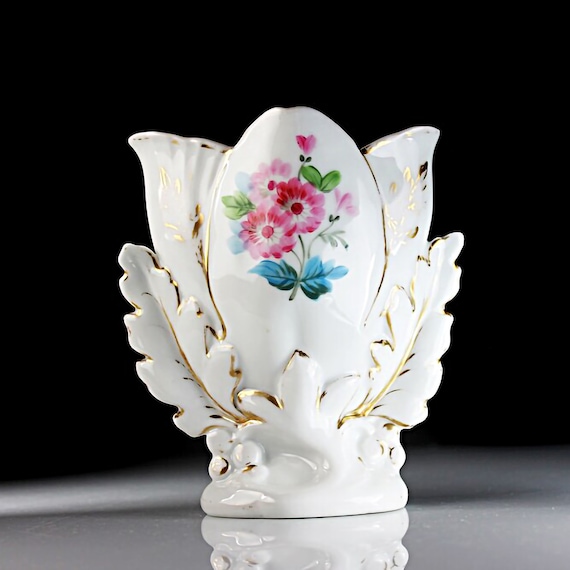 Porcelain Table Vase, Gold Trim, White, Centerpiece, Flower Vase, Pink Floral