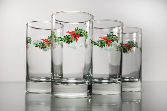 Libbey Christmas Tumblers, Holly Boughs With Red Bow, Gold Rim, Weighted Bottoms, Set of 4