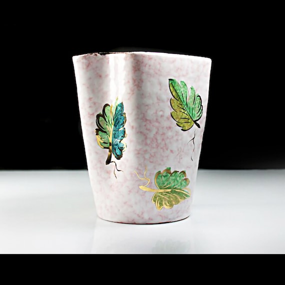 Pink Spongeware Table Vase, Made in Italy, Leaf Pattern, Gold Trim, Flower Vase, Hand Painted