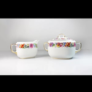 Antique Sugar Bowl and Creamer, Aich Czechoslovakia, Floral Bands, Gold Trimmed