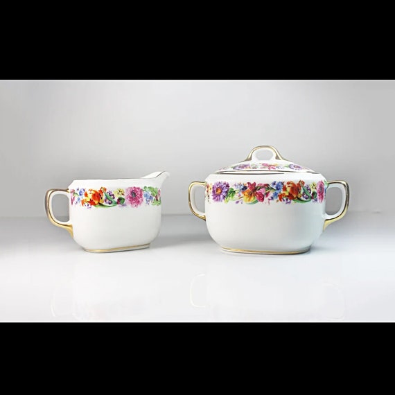 Antique Sugar Bowl and Creamer, Aich Czechoslovakia, Floral Bands, Gold Trimmed