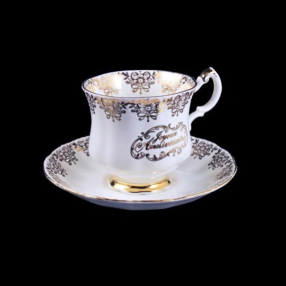 Footed Teacup and Saucer, Paragon China, Joyeuse Anniversaire, 24K Gold Trim, Happy Anniversary Teacup, Bone China, Golden Anniversary