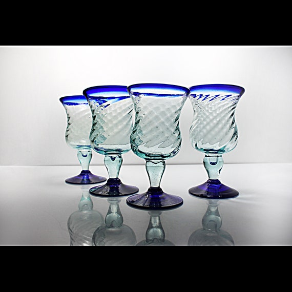 Water Goblets, Made In Mexico, Set of 4, Heavy Swirl, Cobalt Blue Trim, Barware, Stemware, Hand Blown, 8 Ounce