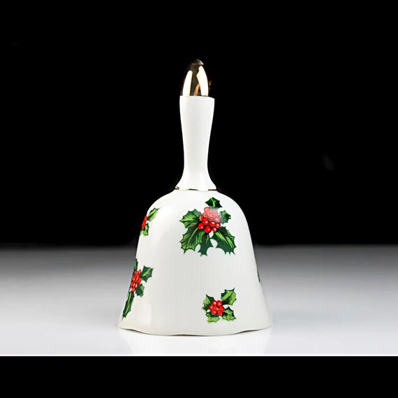 Lefton Hand Bell, Holly, White, 5 Inch, Collectible, Christmas Decor, Giftware