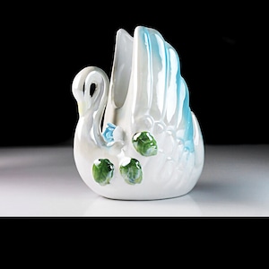 Swan Planter, Blue Trim, Raised Flowers, Bird, Figurine, Porcelain, Collectible, Decor