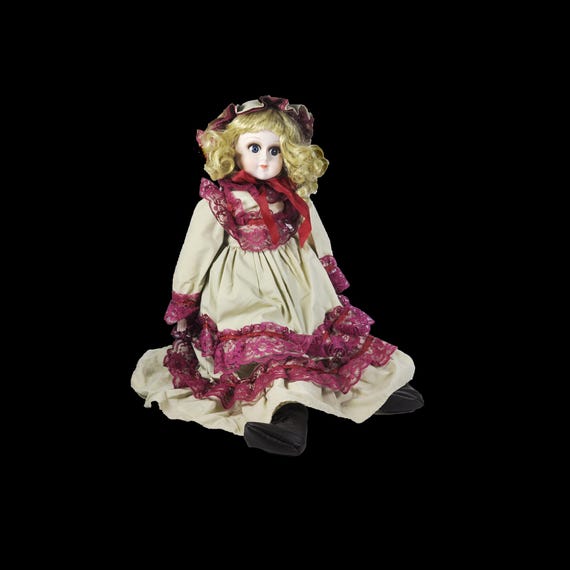 Victorian-Style Porcelain Doll - 24 Inch Seated Display Doll with Blonde Curls & Lace Dress - 1970s Vintage