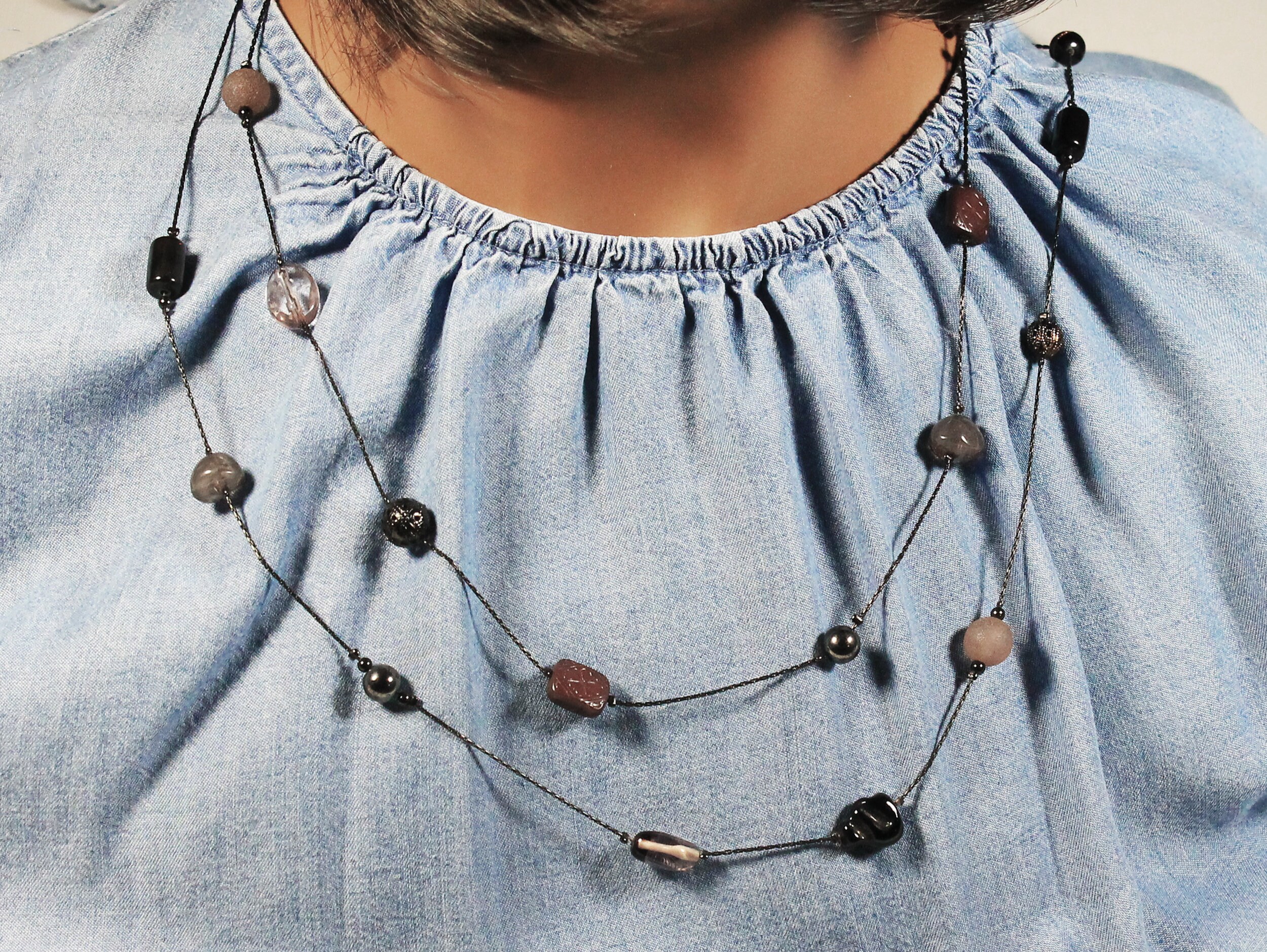 Station Necklace, Baked Beads, Double Strand, Various Beads, Lobster