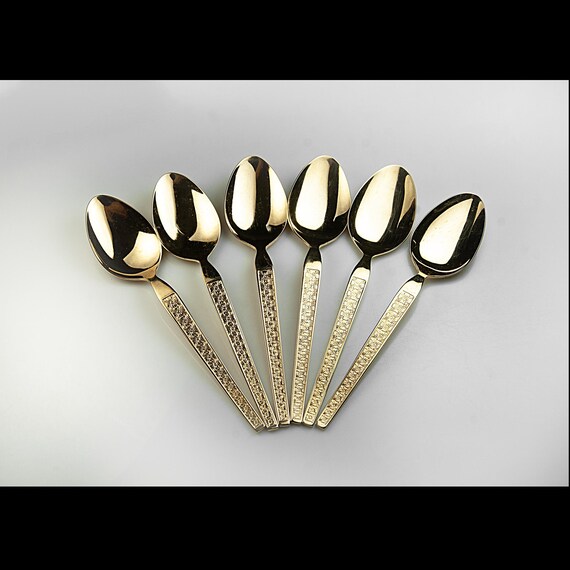 Gold Stainless Place Spoons (Tablespoons) Set of 6 – Trocadero by HF Korea – Floral Handle – Boxed Mid-Century Flatware Gift