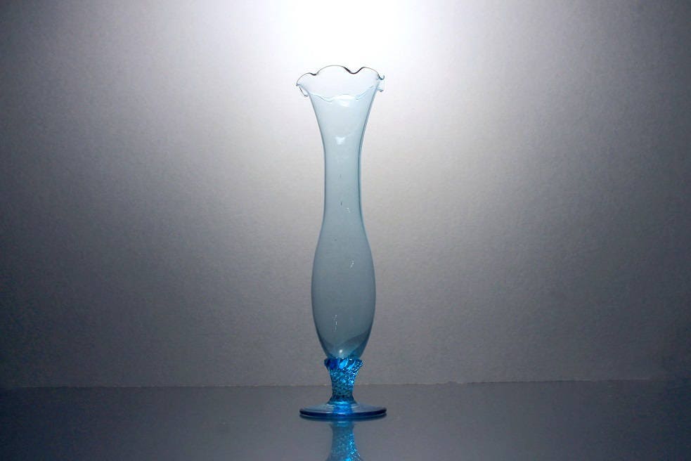 Blue Bud Vase, Hand Blown Glass, Blue Swirled Stem, Pedestal Bud Vase