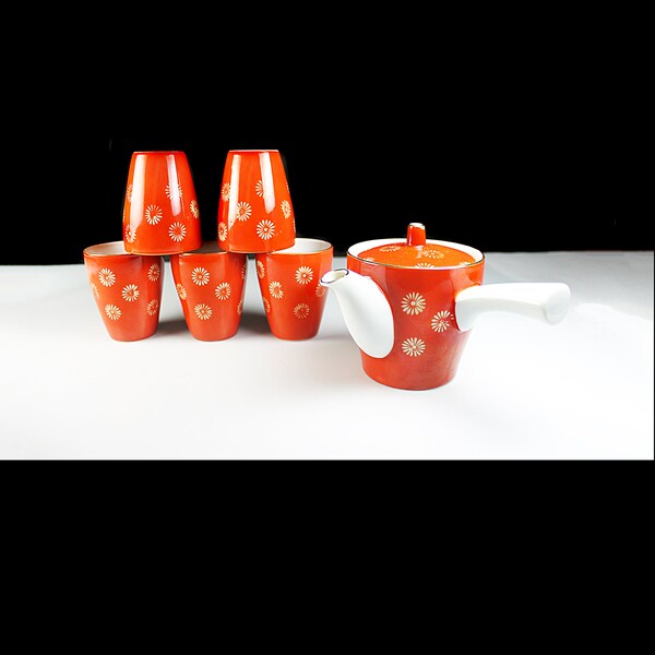 Teapot with Five Cups, Side Handle Teapot, Japanese Tea Set, Orange and White, Teapot holds 1.5 Cups