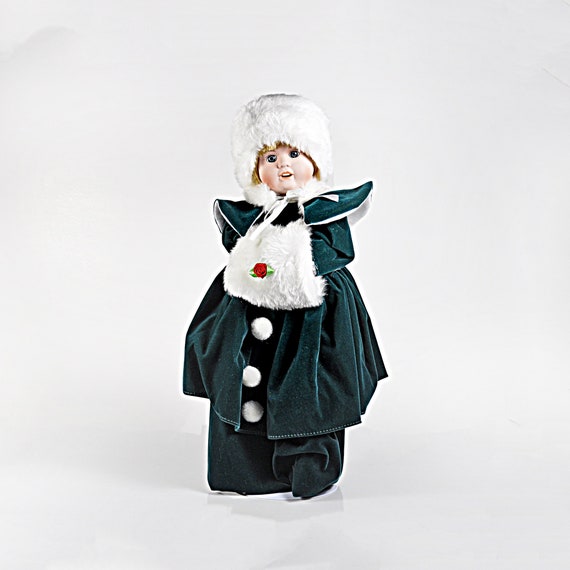 Victorian Porcelain Doll in Green Velvet Winter Dress - 16 Inch Display Doll with Stand - Holiday Collectible