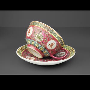Jingdezhen Chinese Porcelain Cup & Saucer Set – Pink and Green - Made in China