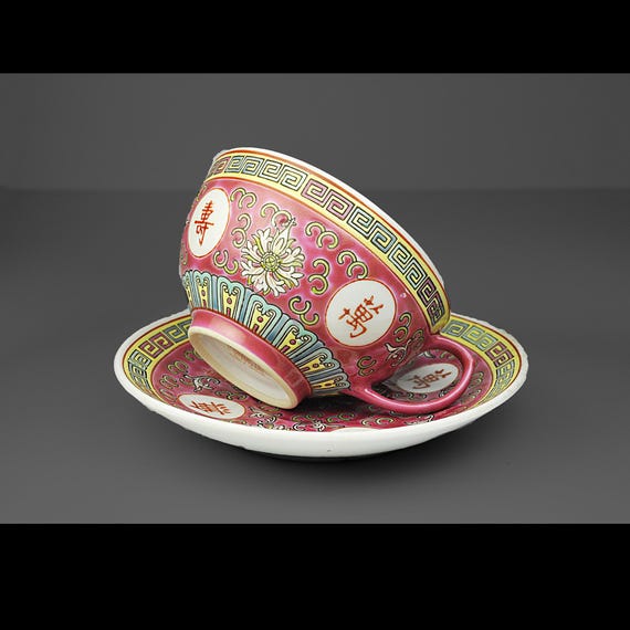 Jingdezhen Chinese Porcelain Cup & Saucer Set – Pink and Green - Made in China
