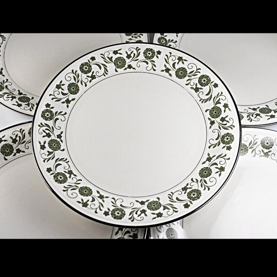 Salad Plates, Mikasa, Fairfax, Ivory China, Green Floral Border, Set of 5, Platinum Trim, Discontinued