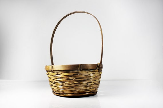 Small Basket, Splint Style Basket, 4 Inch Basket, Woven, Stained Exterior, Decorative