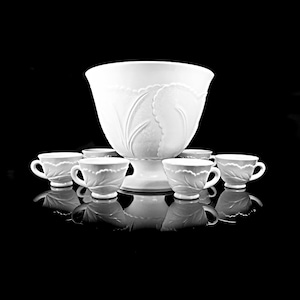 Punch Bowl with 6 Cups, Indiana Glass, Pebble Leaf Milk Glass, 4 Quart, Plastic Ladle, Discontinued, Wedding, Party