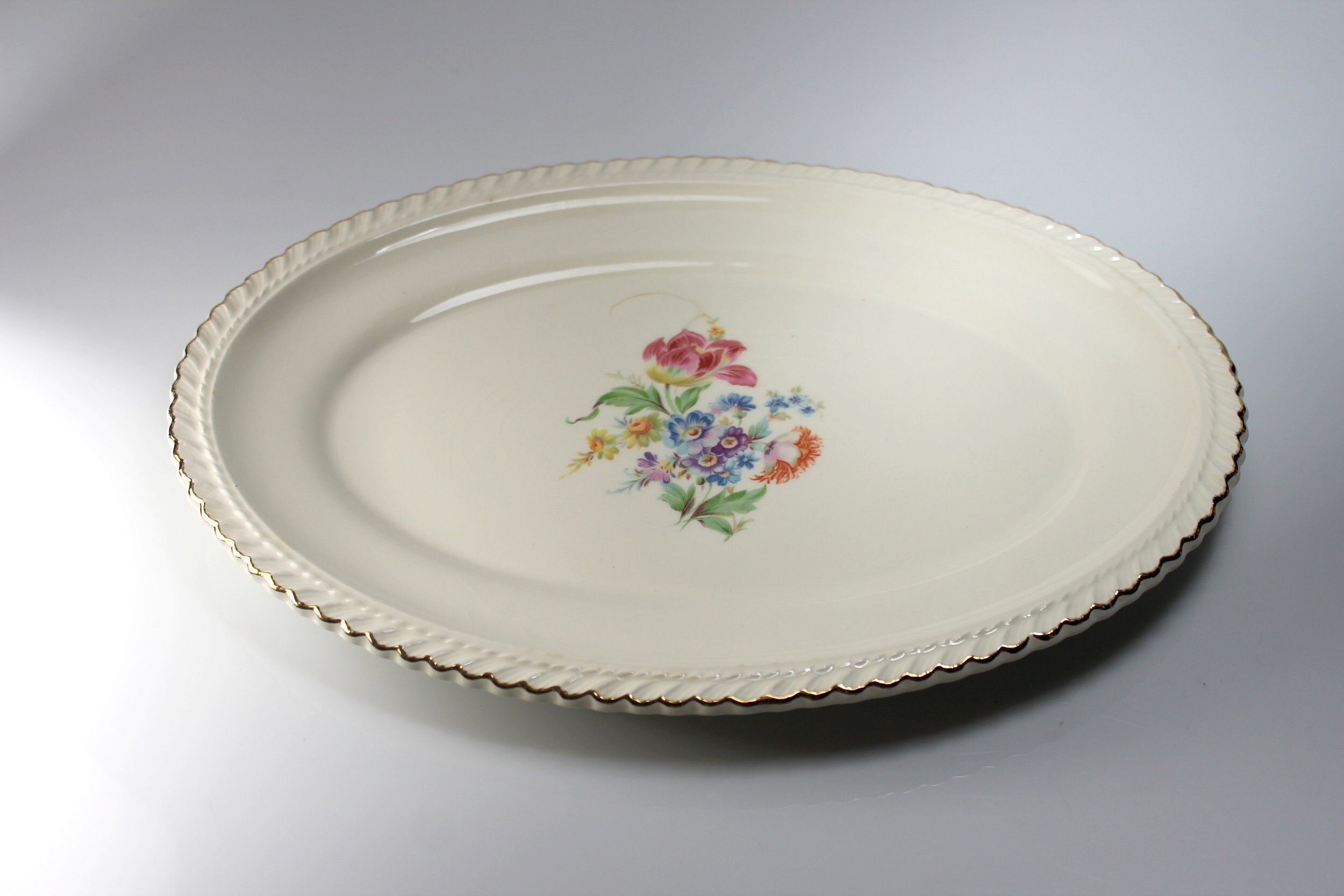 Oval Platter, Harker Pottery Co, 13 Inch, Floral Center, 22K Gold Trim