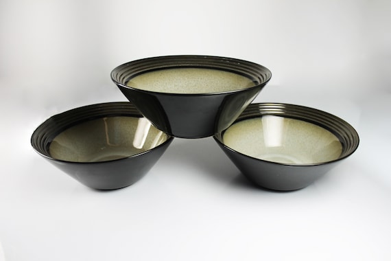 Sango China Soup Bowls, Florence Black, Set of 3, Large Sized