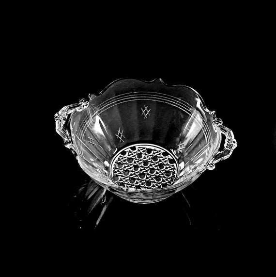 Handled Small Bowl, Etched Cross Cut, Scalloped Edge, Pressed Clear Glass, Candy Dish