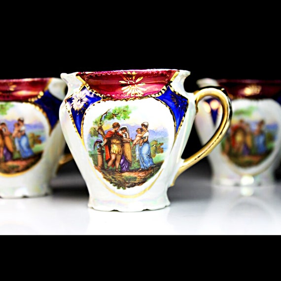 Antique Miniature Portrait Cups, Julius Hering and Son, Made in Germany, Lusterware, Porcelain, Set of 4, Display Pieces