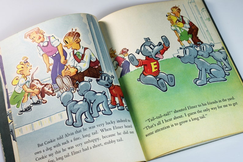 May include: An illustration from a children's book showing a dog with a short tail and a group of dogs with long tails. The text reads "Tail-tail-tail!" shouted Elmer to his friends in the yard. "That's all I hear about. I guess the only way for me to get some attention is to grow a long tail."