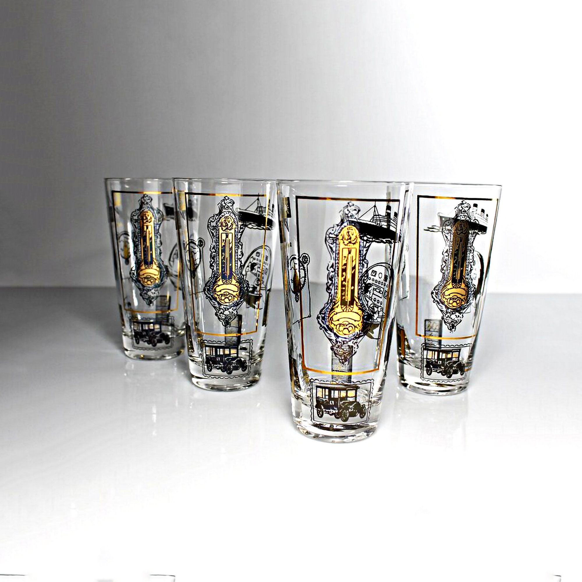 MCM Colony Abstract Striped Set 4 Vintage Tall Tom Collins Glasses 1 w/Sm  Chip