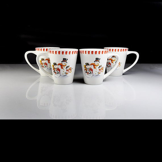 Coffee Mugs, Trisa Dinnerware, Set of 4, Snowman Family, Winter and Holiday Decor, 6 Ounce